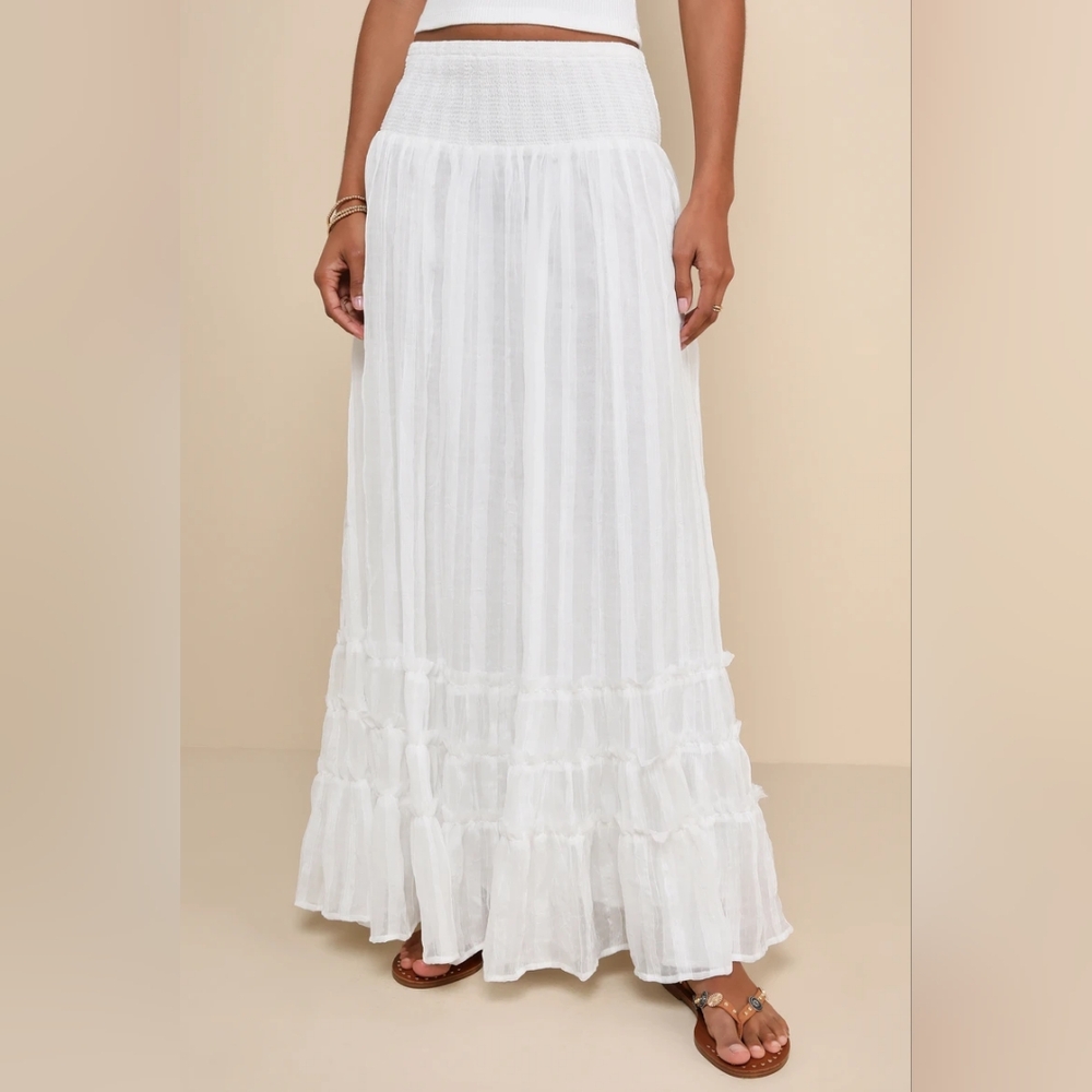 Lulu's White Smocked Tiered High-Waisted Maxi Skirt, Renn Faire Skirt, Small